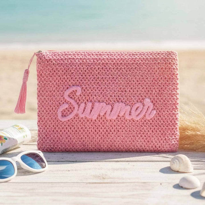 Woven Straw Pouch With Embroidery & Gold Lurex