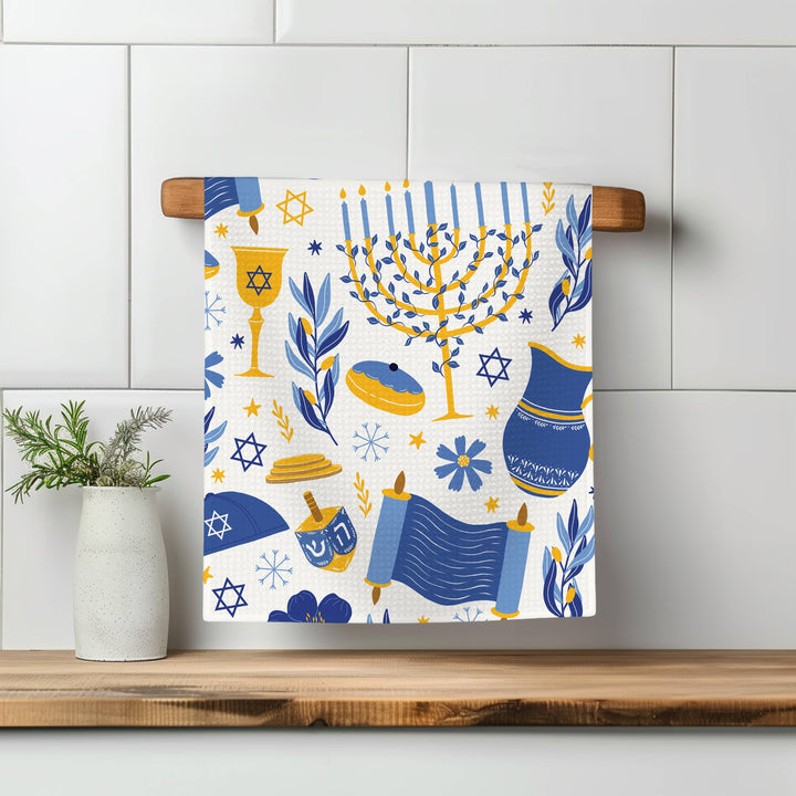 Hanukkah Kitchen Tea Towel Waffle Holiday Menorah Dove Peace