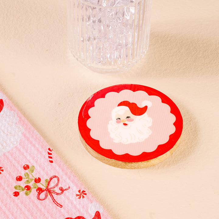 Wood Enamel Coaster-Holly Jolly Santa