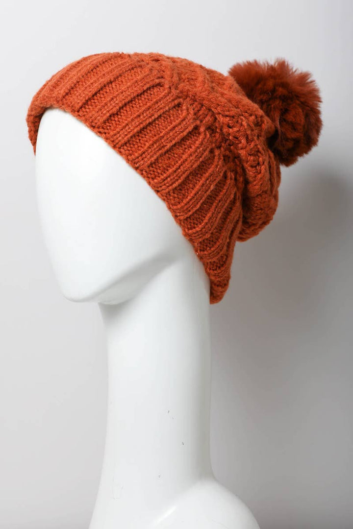 Cable Knit Pom Beanie with Thermal Lining: Rust