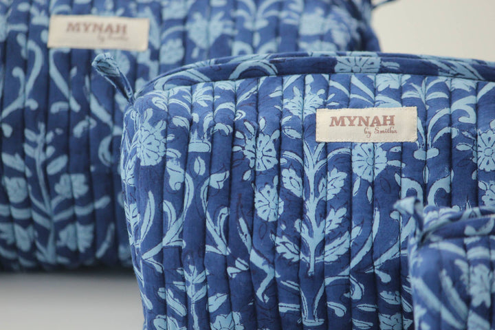 Quilted block print floral Makeup Bag- Choose From 3 Sizes
