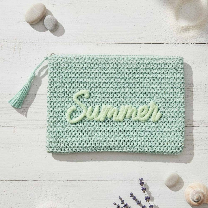 Woven Straw Pouch With Embroidery & Gold Lurex