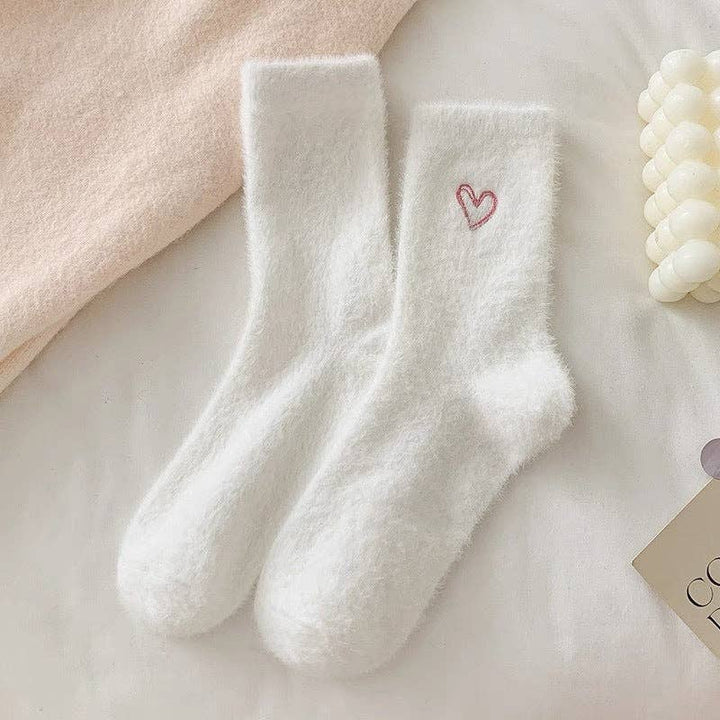 Cute Heart Embroidery Fuzzy Plush Socks