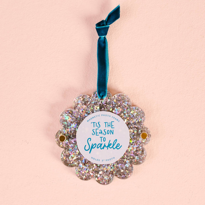 Scalloped Round Picture Frame Ornament-Silver Glitter