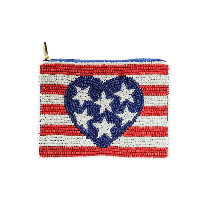 American USA Flag Heart Seed Beaded Mini Pouch Bag