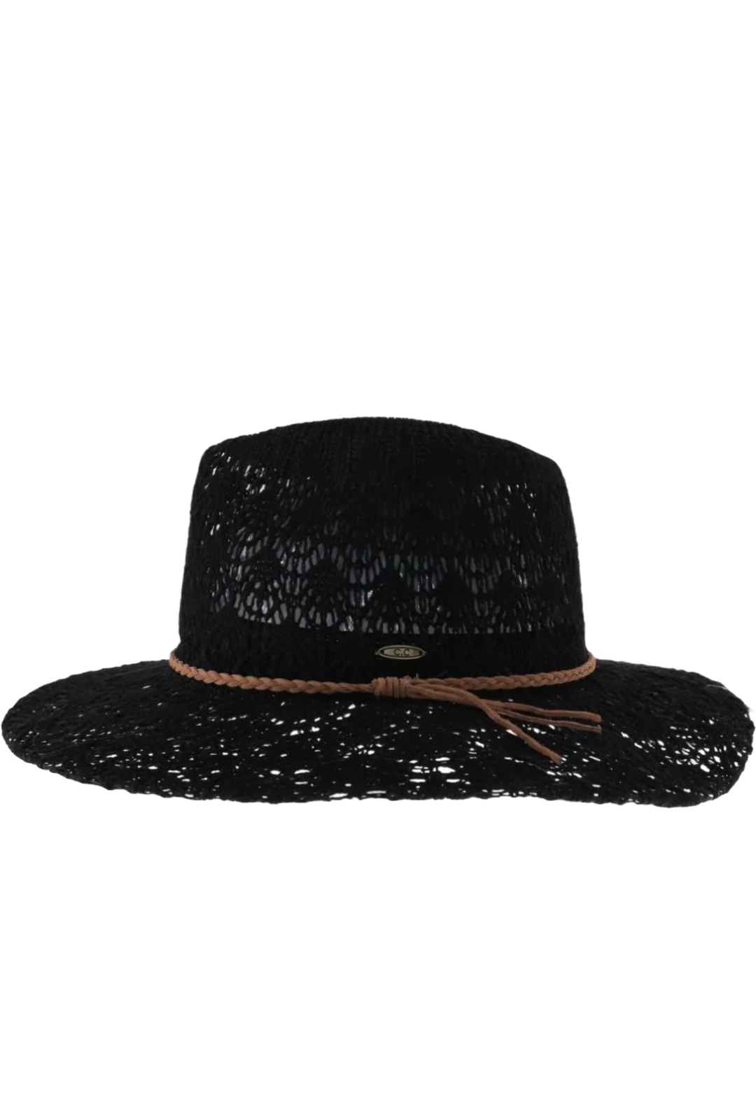 Horseshoe Lace Knit with Braided Suede Trim Panama Hat- Black
