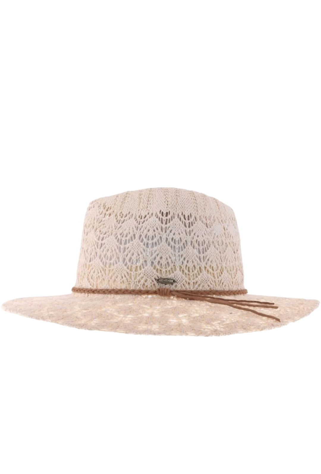 Horseshoe Lace Knit with Braided Suede Trim Panama Hat- Beige
