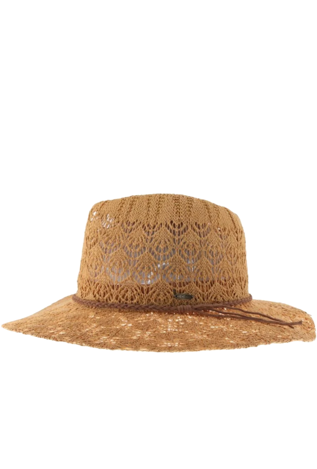 Horseshoe Lace Knit with Braided Suede Trim Panama Hat- Desert mist