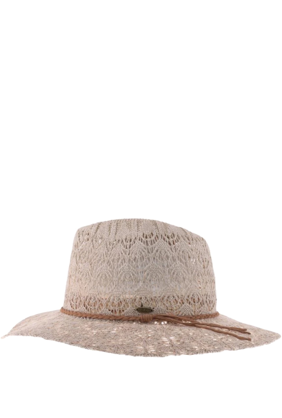 Horseshoe Lace Knit with Braided Suede Trim Panama Hat- Light Taupe