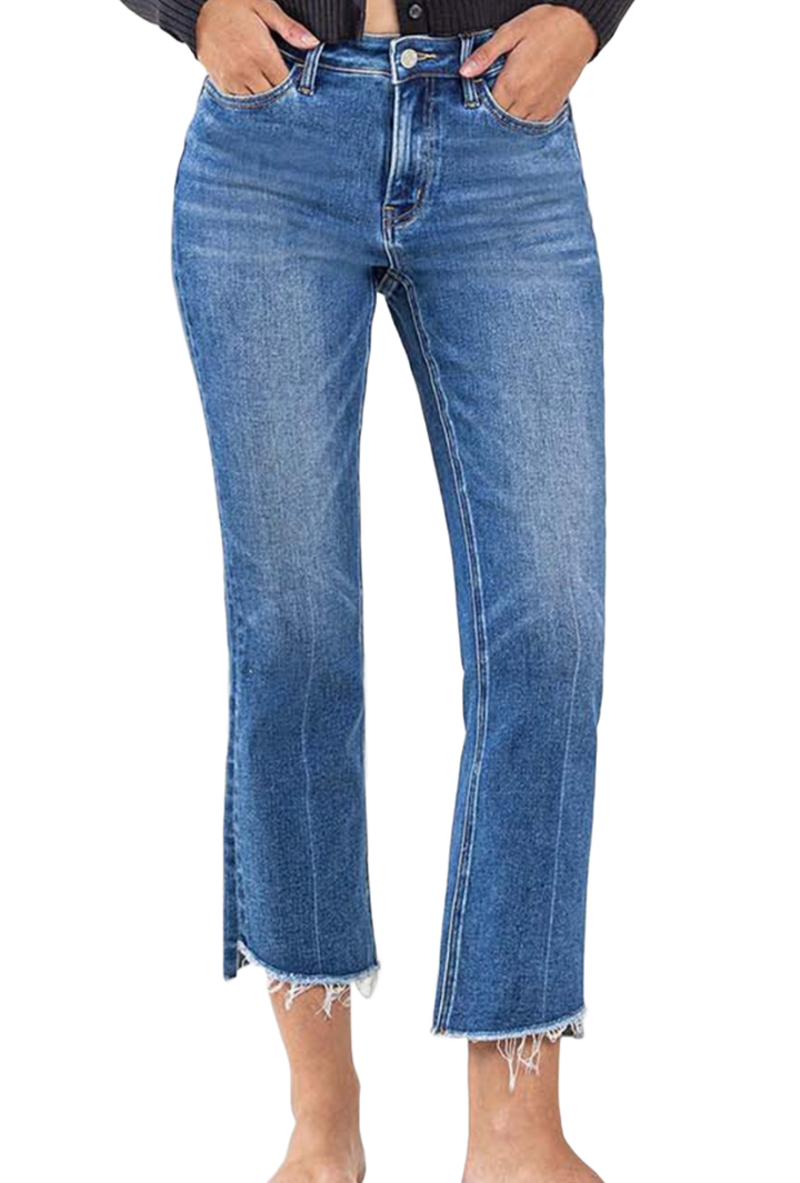 High Rise Raw Step Hem Kick Flare Jeans