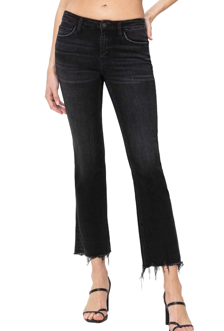 Black Mid Rise Raw Distressed Hem Crop Flare Jeans