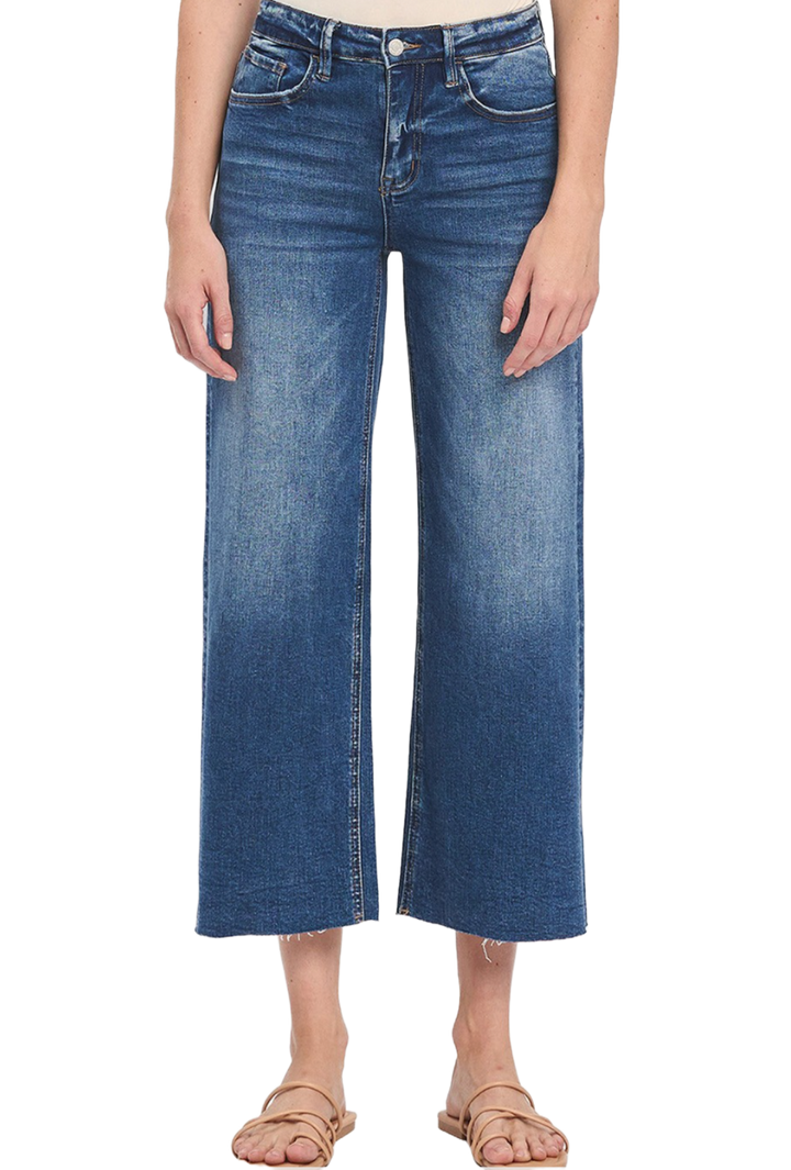 High Rise Raw Hem Crop Wide Leg Jeans