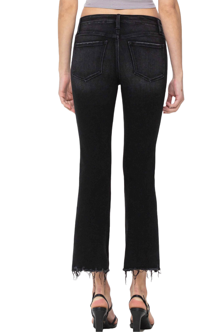 Black Mid Rise Raw Distressed Hem Crop Flare Jeans