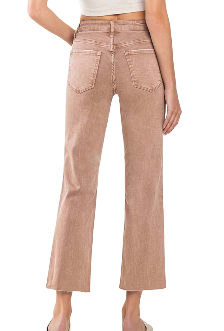 Brown Mid Rise Crop Raw Hem Straight Jeans