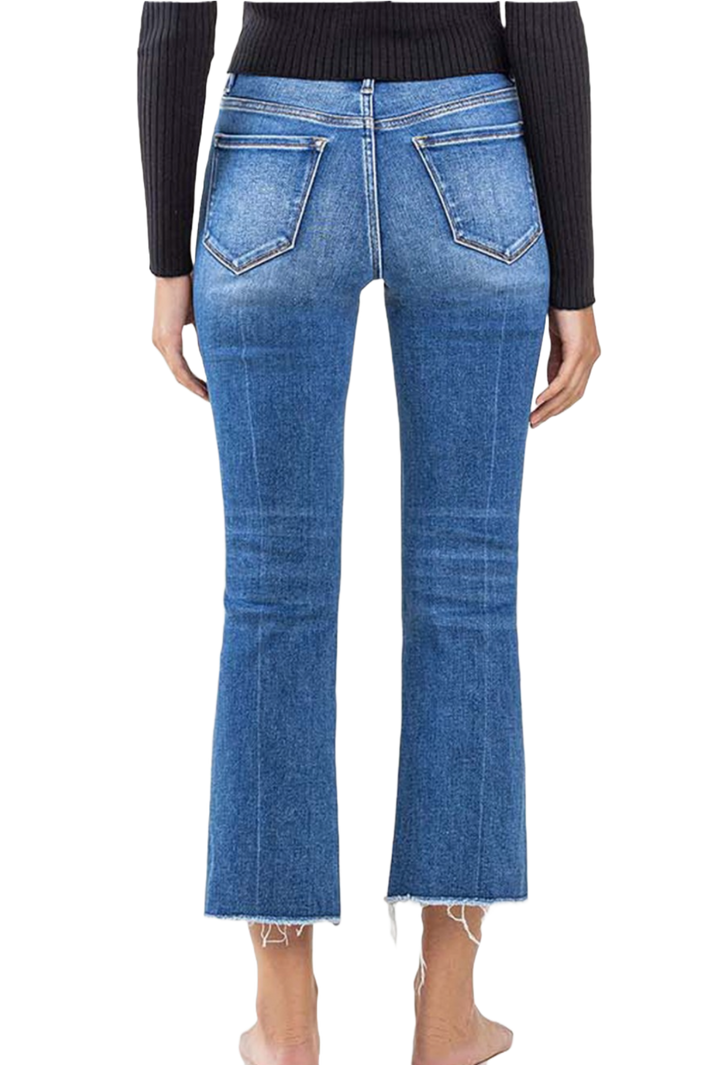 High Rise Raw Step Hem Kick Flare Jeans