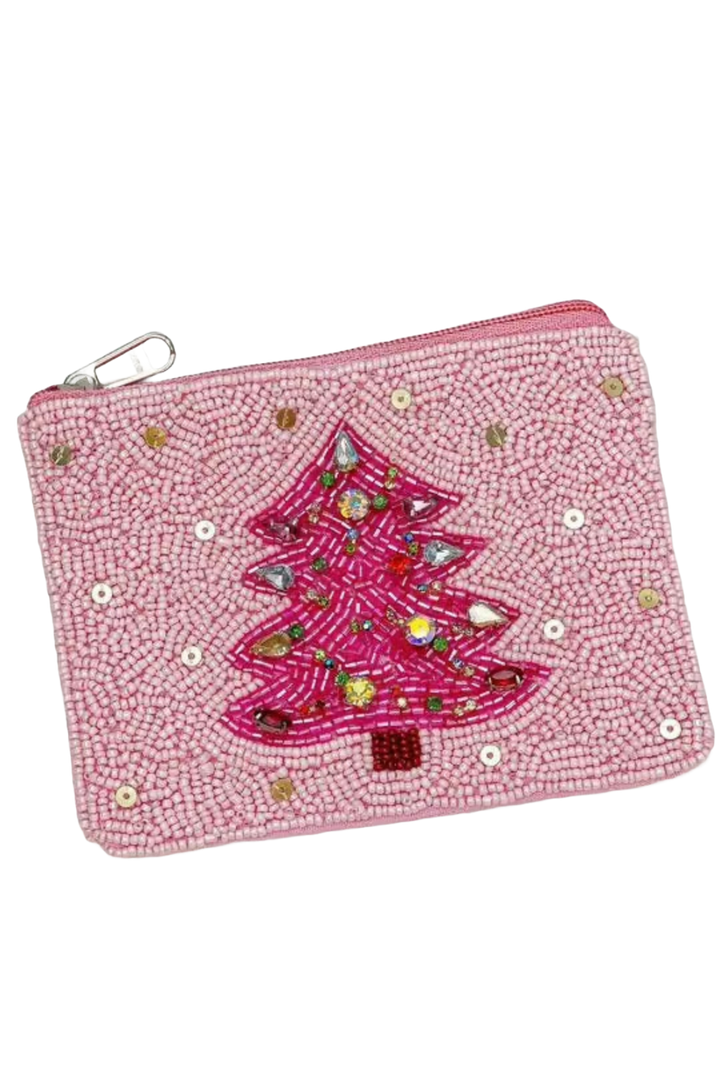 Pink Christmas Tree Beaded Coin Purse