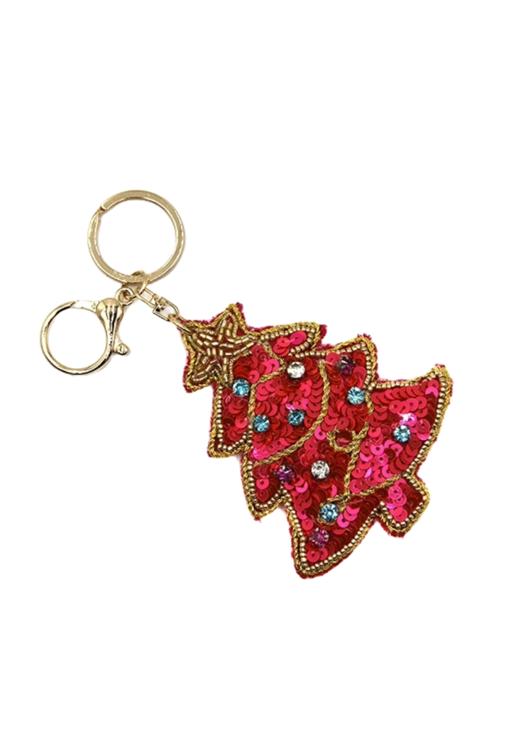 Pink Christmas Tree Beaded Keychain