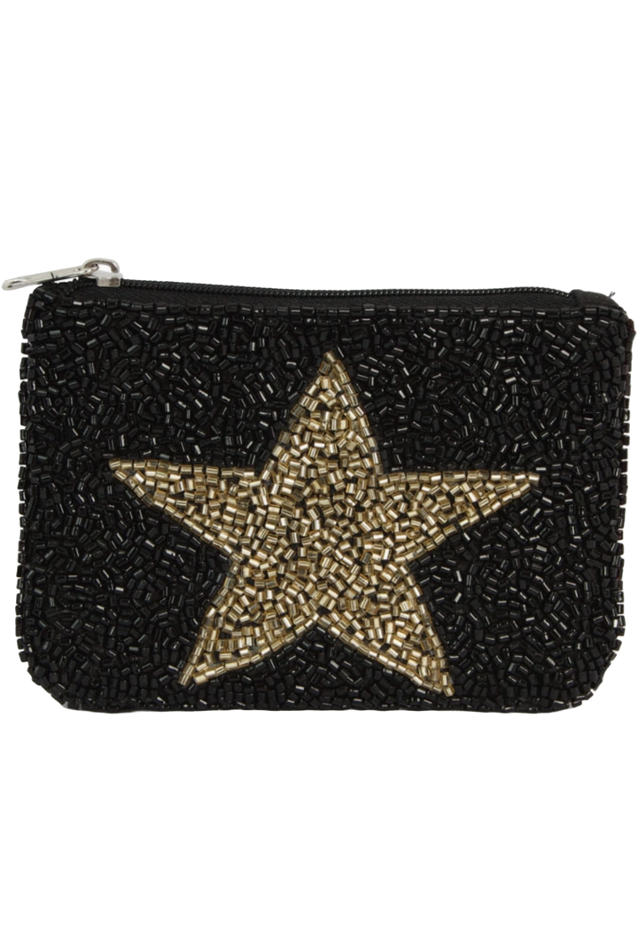 Black and Gold Star Beaded Coin Pouch