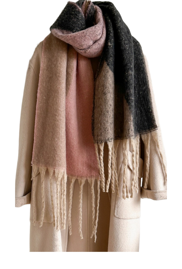 Geometric Fringe Wool Scarf- Pink Black