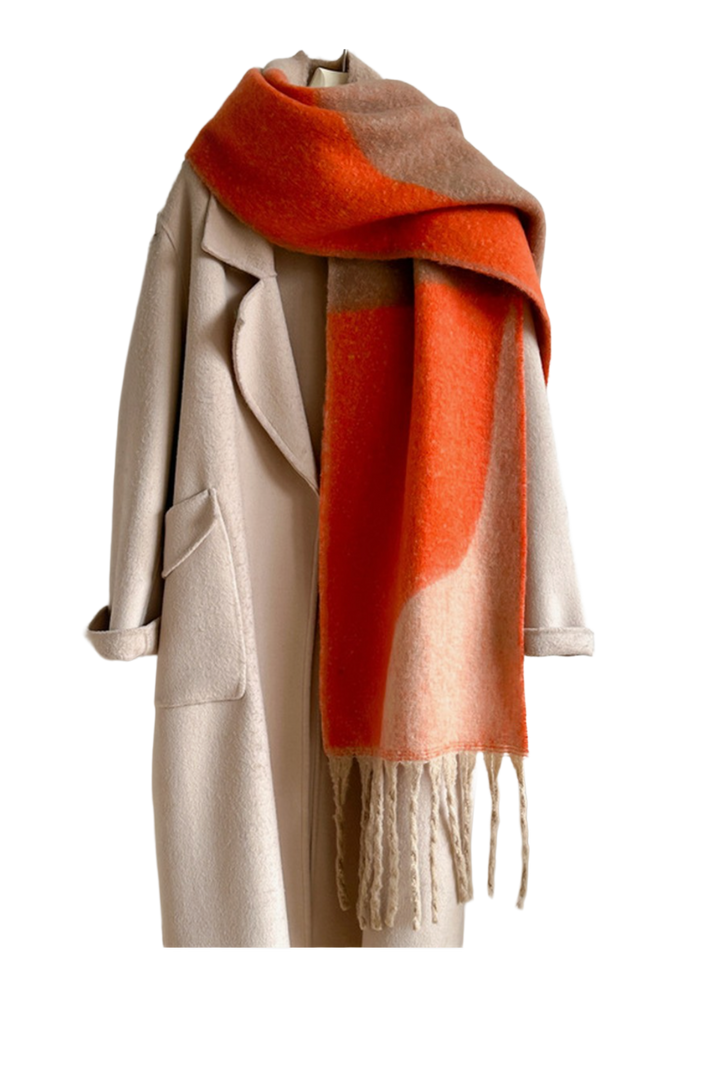 Geometric Fringe Wool Scarf- Orange