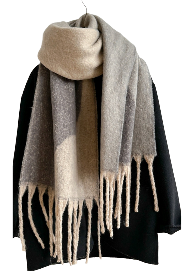 Geometric Fringe Wool Scarf- Grey
