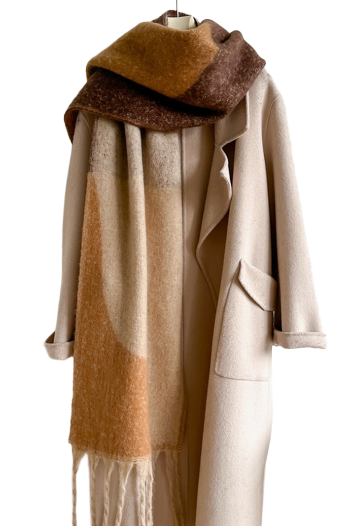 Geometric Fringe Wool Scarf- Brown