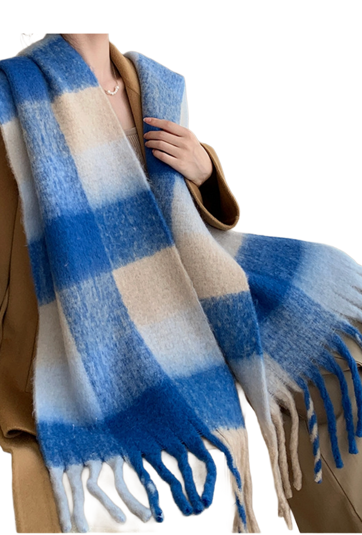 Chunky Checkered Fringe Scarf- Blue