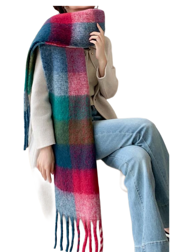 Chunky Checkered Fringe Scarf- Fuschia