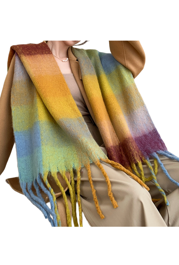 Chunky Checkered Fringe Scarf- Yellow