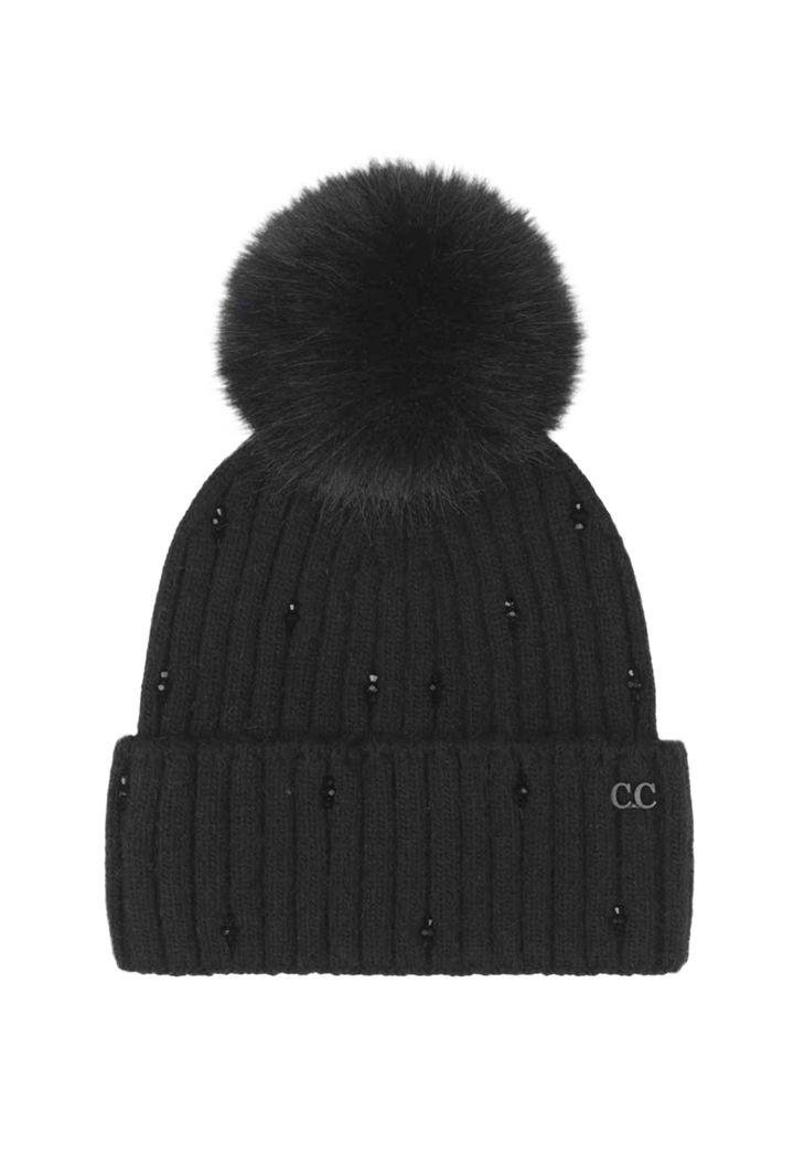 Embellished Ribbed Knit Pom-Pom Hat- Black