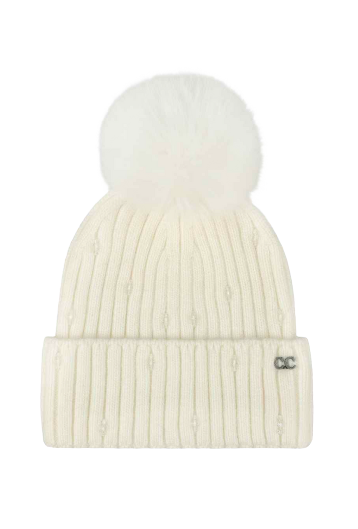 Embellished Ribbed Knit Pom-Pom Hat- Ivory