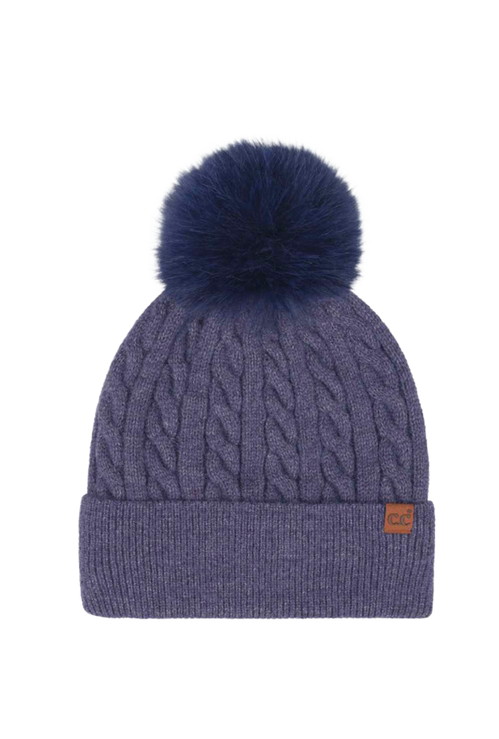 Cable Knit Faux Fur Pom-Pom Hat