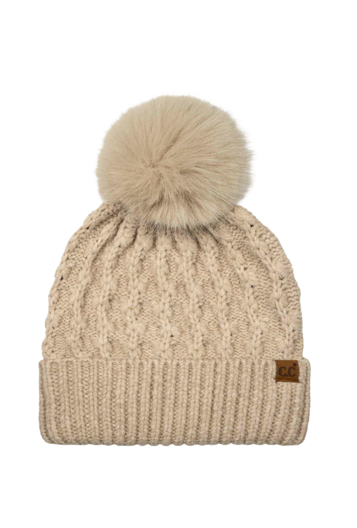 Tiny Floral Knit Faux Fur Pom-Pom Hat- Oatmeal