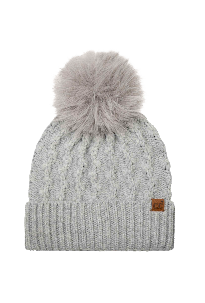 Tiny Floral Knit Faux Fur Pom-Pom Hat- Grey