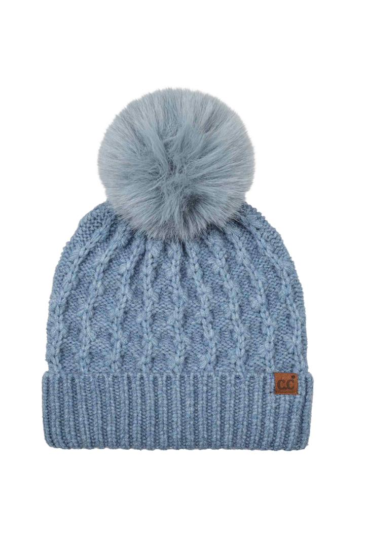 Tiny Floral Knit Faux Fur Pom-Pom Hat- Blue