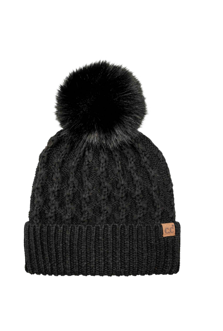 Tiny Floral Knit Faux Fur Pom-Pom Hat- Black