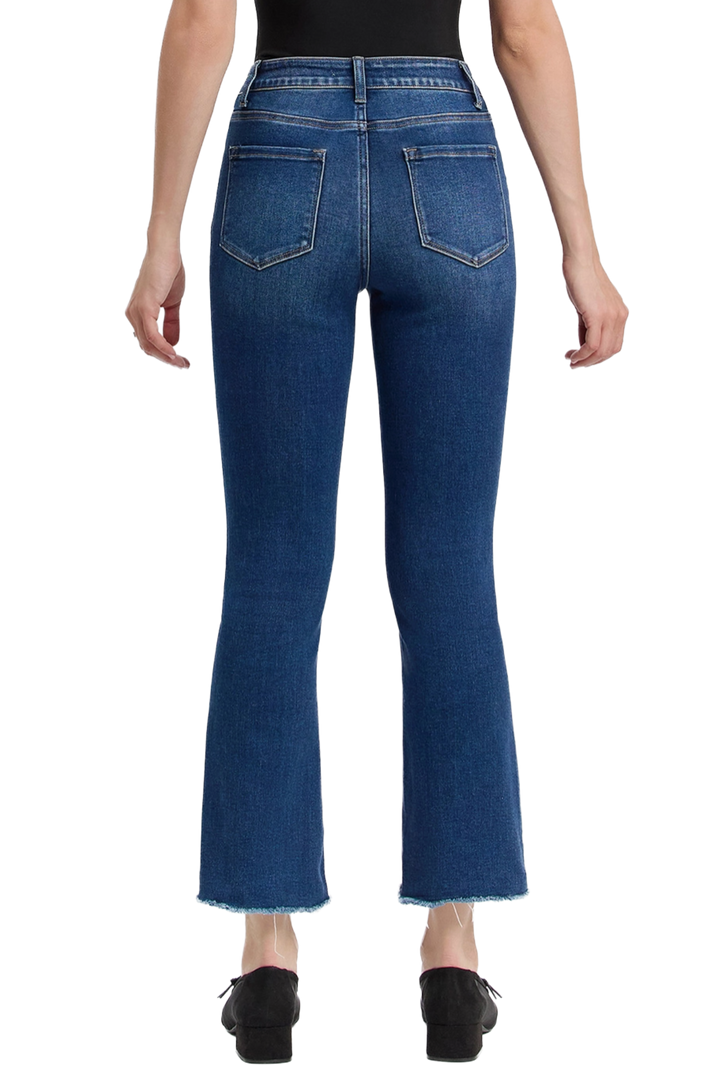 Dark Wash High Rise Raw Step Hem Kick Flare Jeans