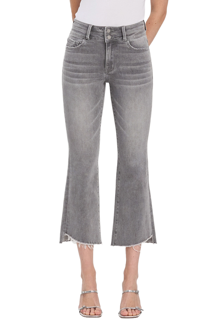 Grey High Rise Raw Slant Hem Mini Bootcut Jeans
