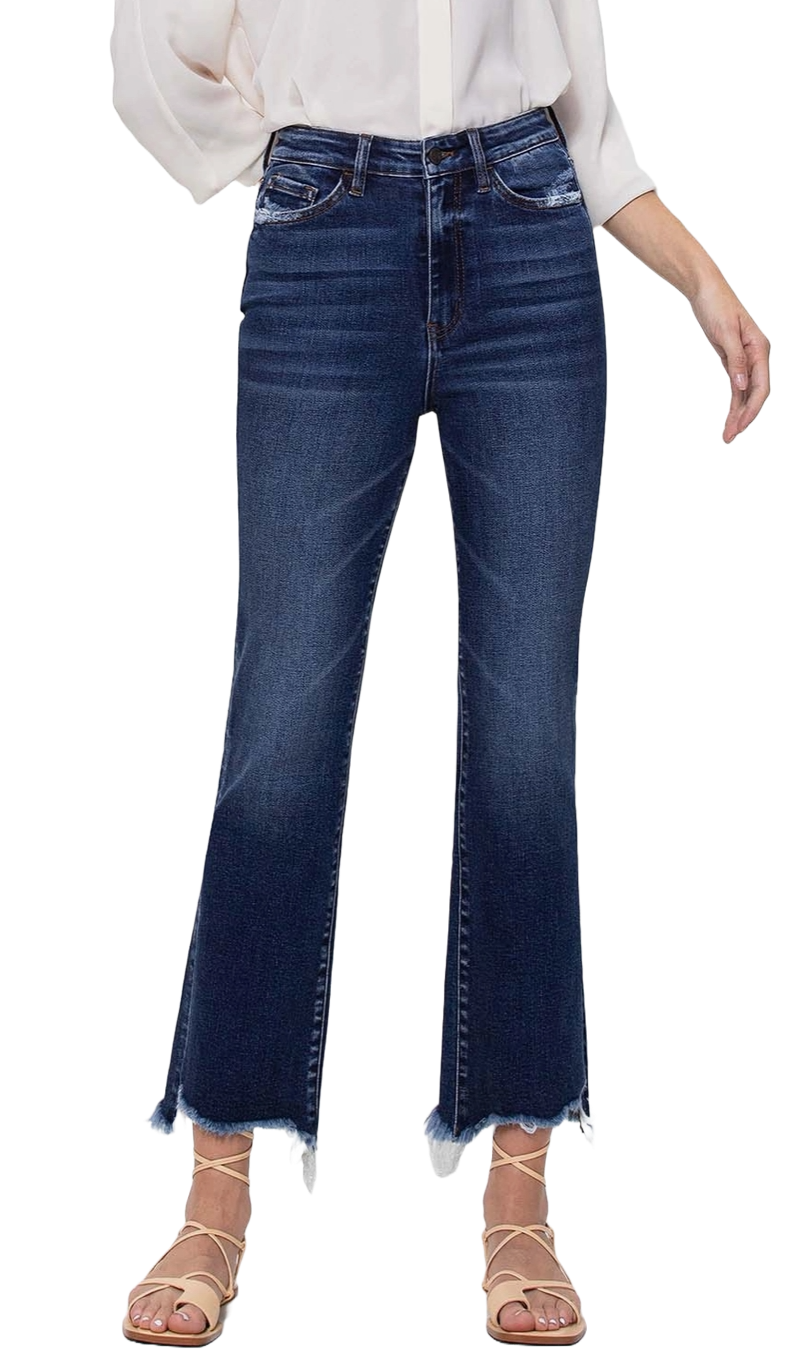 High Rise Ankle Flare Jeans With Uneven Frayed Hem