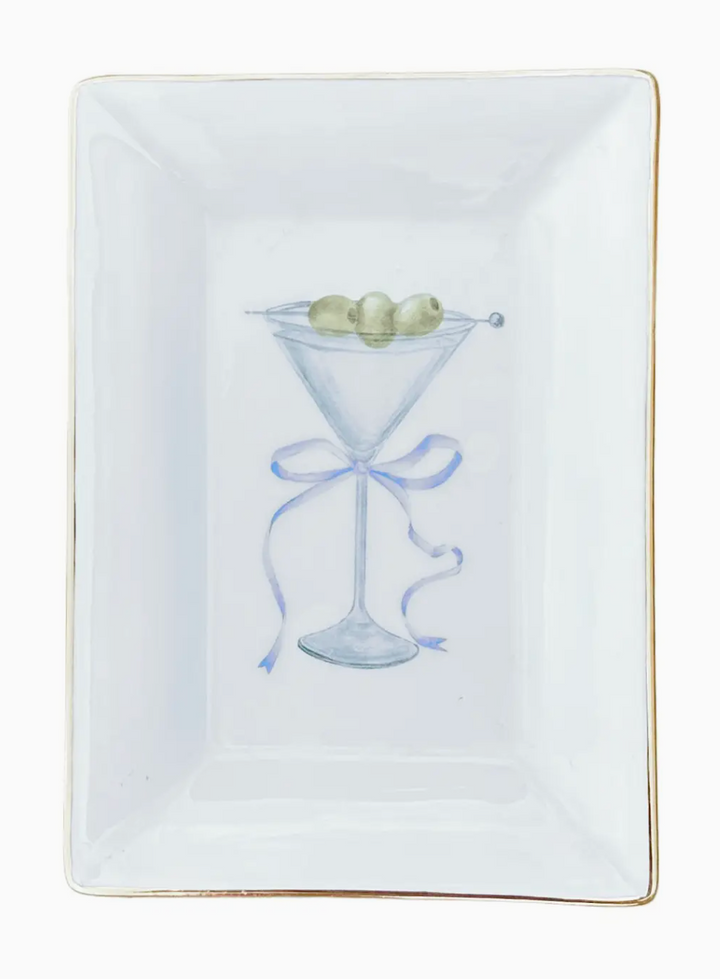 Chinoiserie Porcelain Trinket Tray, Martini, w/ Blue Bow