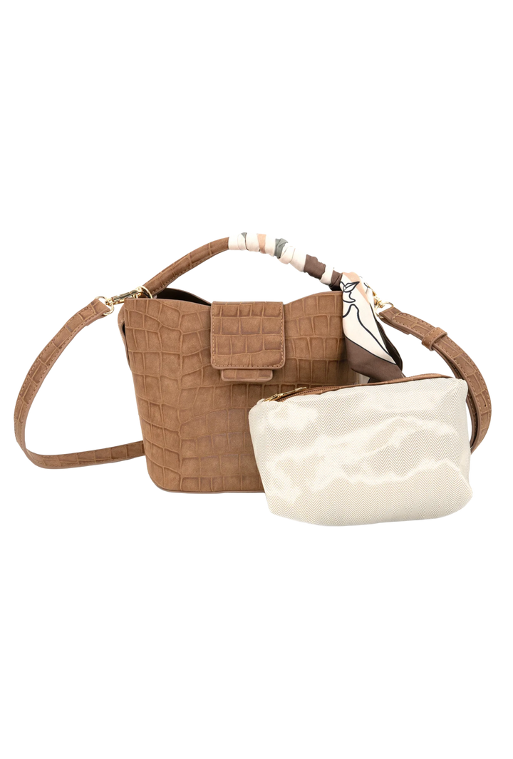 Croc Embossed Scarf Handle Bag- Brown