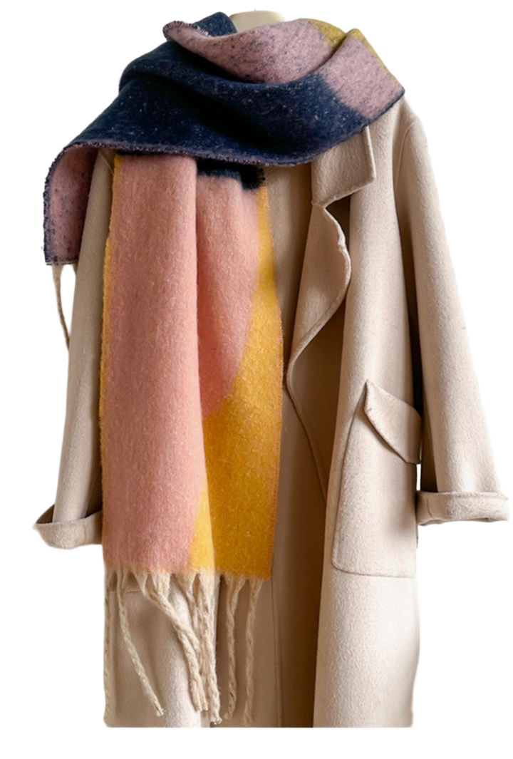 Geometric Fringe Wool Scarf- Pink Yellow