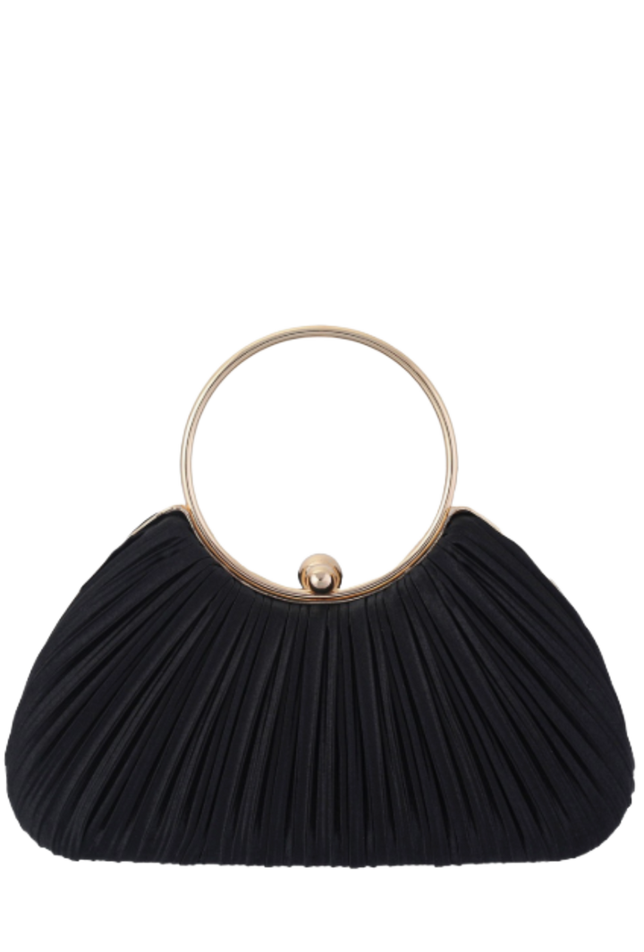 Pleated Ring Handle Evening Bag- Black
