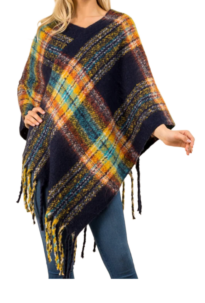 Colorful Plaid Poncho- Navy