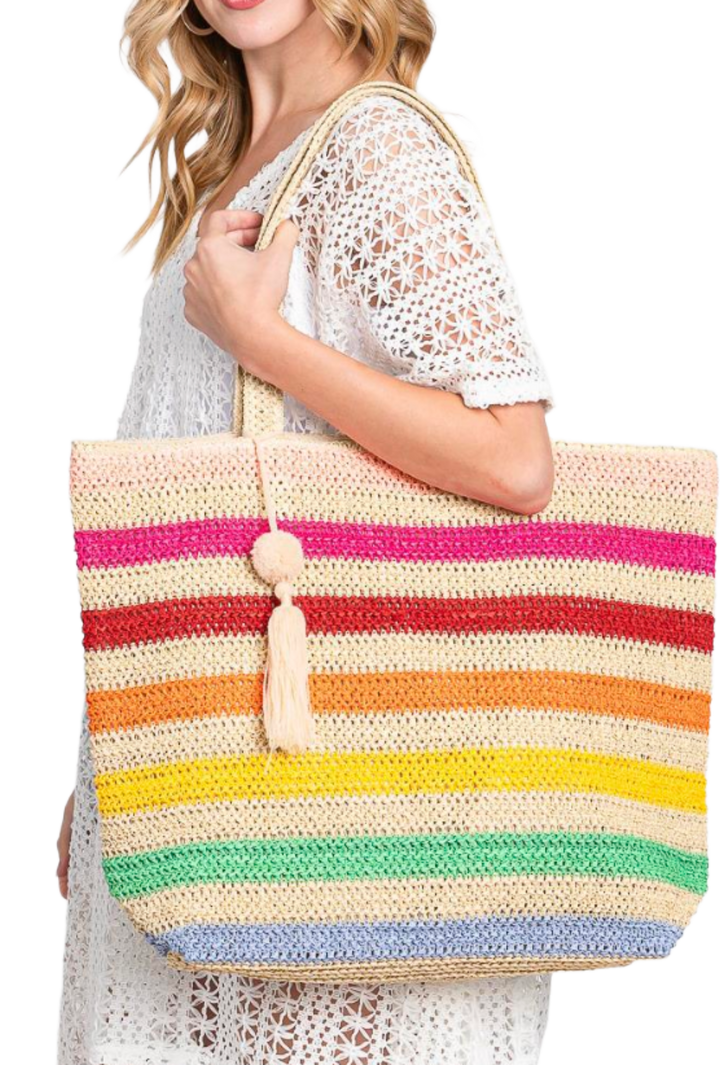Pom Pom Tassel Multi Color Striped Straw Crochet Tote Bag