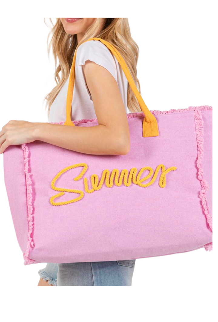 Sewn Rope Summer Letter Fringed Canvas Bag- Pink