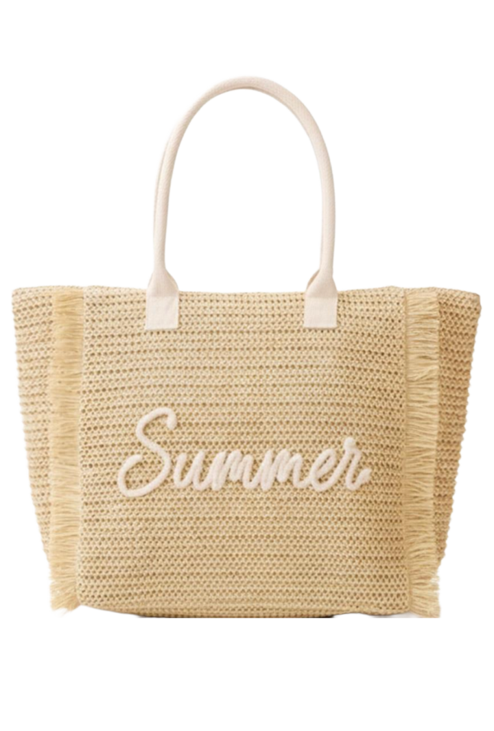 Woven Straw Fringe Tote With Summer Embroidery- Beige