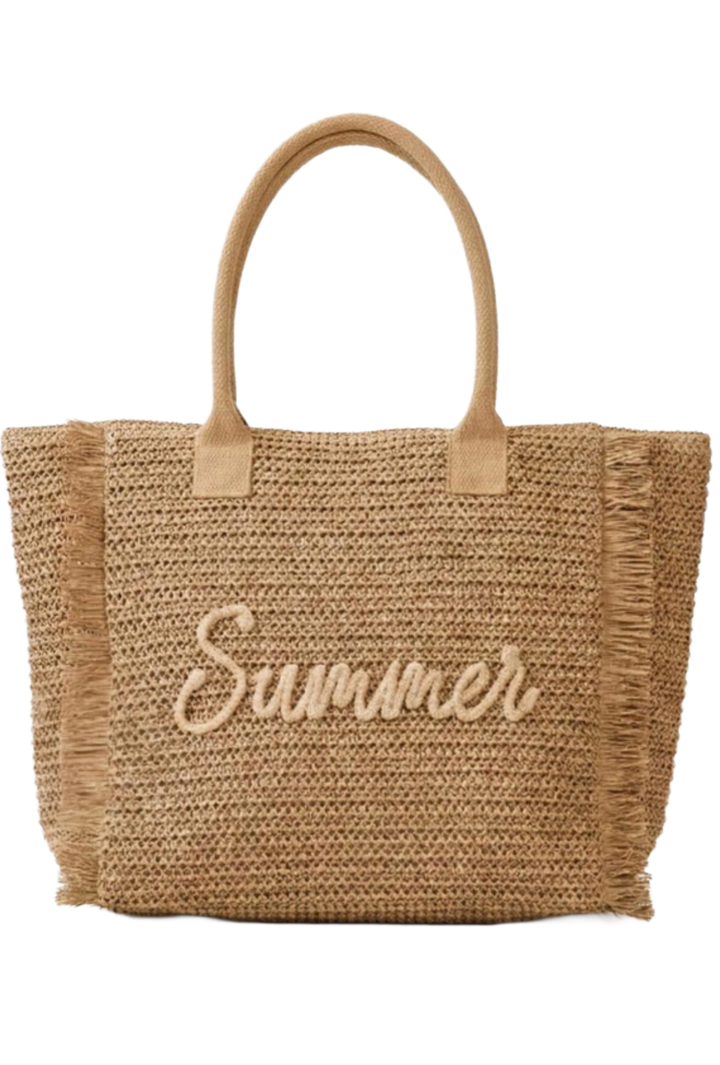 Woven Straw Fringe Tote With Summer Embroidery- Taupe