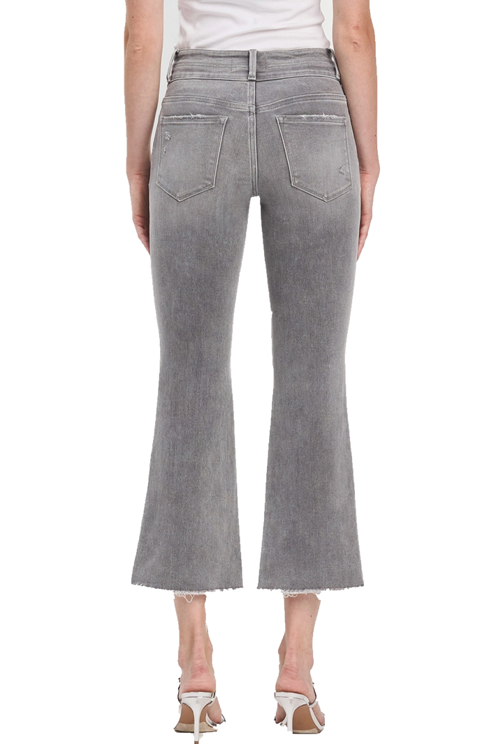 Grey High Rise Raw Slant Hem Mini Bootcut Jeans