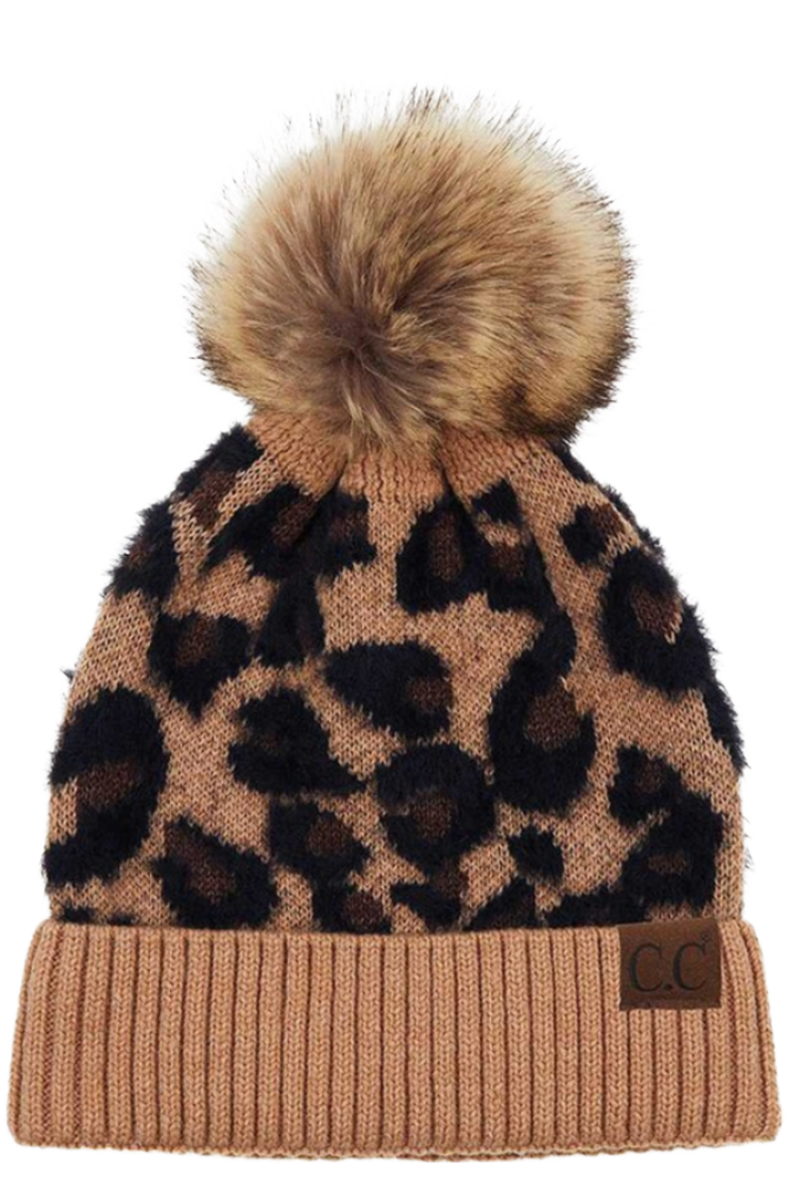 Leopard Pattern Beanie Hat with Pom
